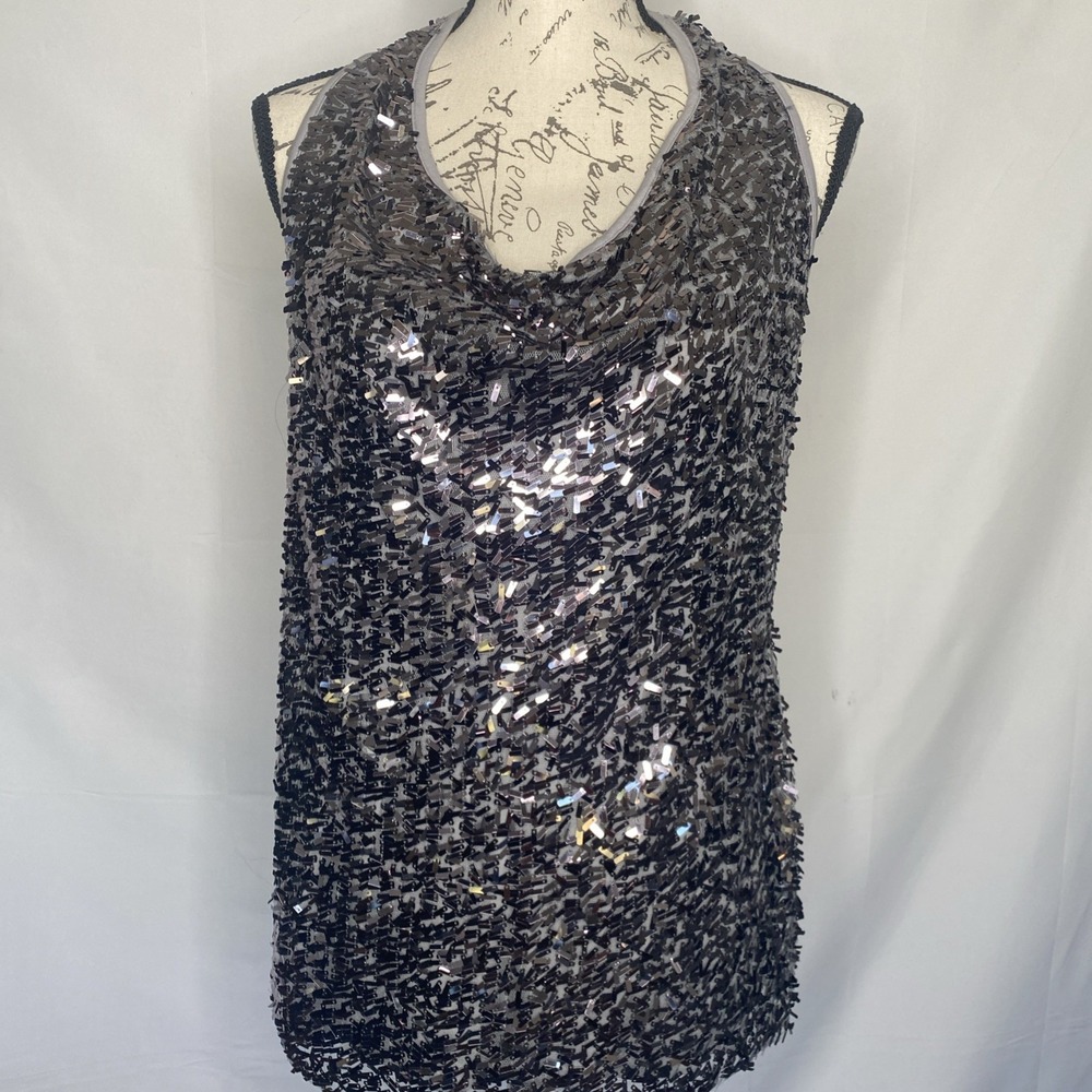 DS By Debbie Shuchat Silver Sequin Party Tank Top‎ Button Neck Women's Size M